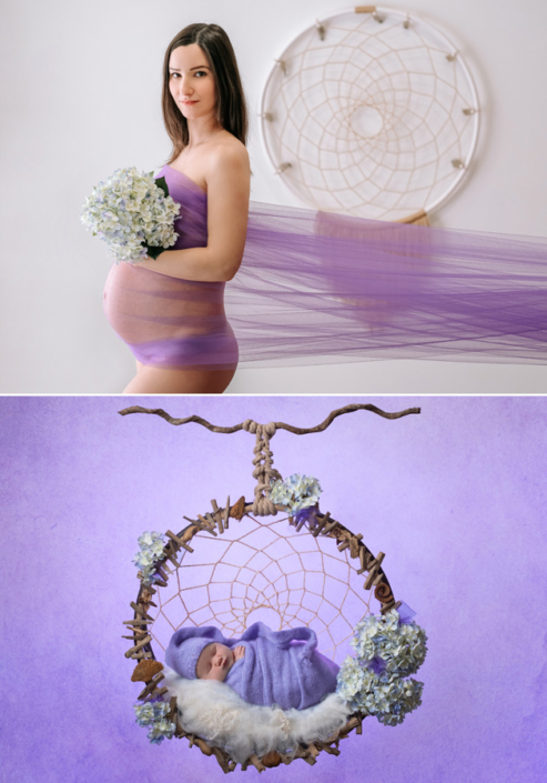 servizio fotografico maternità e newborn allestimento lilla